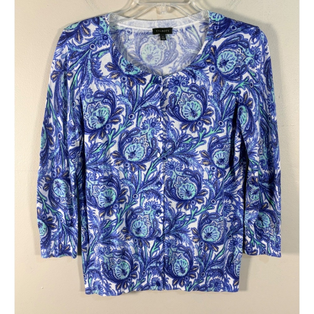 Talbots Womens Blue Paisley Floral Button Front Cardigan Sweater Size Small